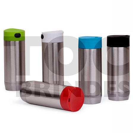 Copo 420ml, parede dupla, em aço inox, tampa plástica rosqueável colorida com bocal, anel vedante e botão para liberação do líquido