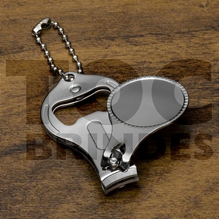 Chaveiro em aço brilhante, 3 em 1, com abridor, cortador de unhas e lixa, acompanha correntinha