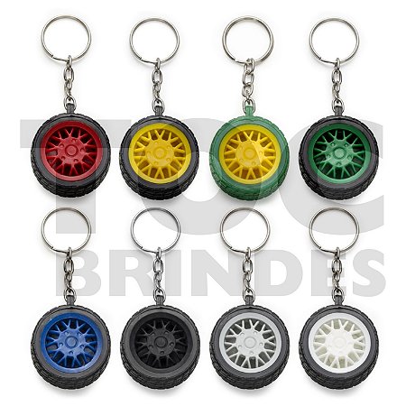 Chaveiro em plástico, formato de pneu, "roda” em plástico colorido com um lado liso para personalização, correntinha e argola