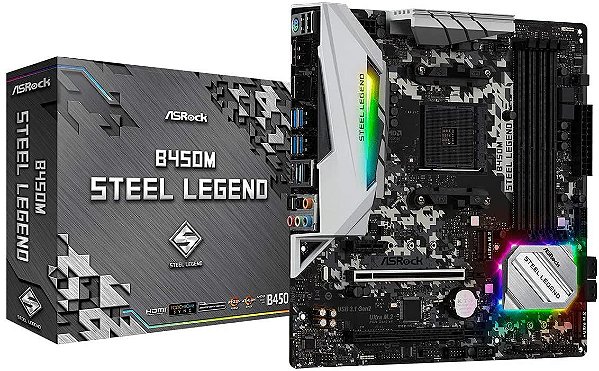 Placa mãe AsRock - B450M Steel Legend - AM4, DDR4, RGB, M.2, PCIe 4.0, USB 3.1 Gen2, mATX