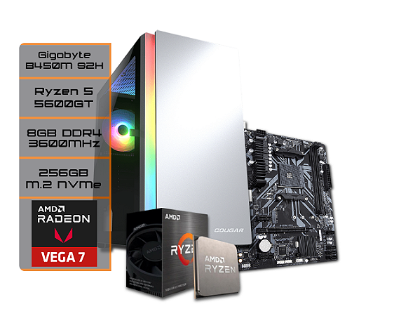 PC Gamer - Flex - Gigabyte B450M S2H, Ryzen 5 5600GT, Spectrix D50 8GB DDR4 3600MHz, 256GB SSD M.2 NVMe, Cougar VTC 600, Cougar Purity White