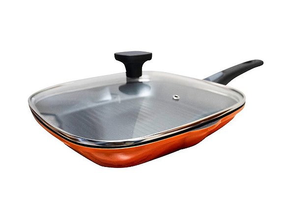 Frigideira Quadrada Antiaderente Alumínio Injetado Tampa de Vidro 28 cm | Guassu Home