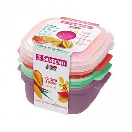 CONJUNTO 3 POTES 480ML CADA PLÁSTICOS SANREMO COLORIDO