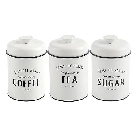 CONJUNTO LATA DE METAL BRANCO 3 PCS PARA CAFÉ, CHÁ E AÇUCAR