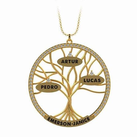 Pingente Árvore Família em ouro amarelo 18k com diamantes.