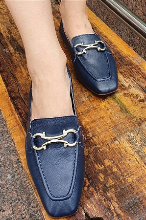 LOAFER EM COURO 79993 MARINHO / FIVELA DOURADA