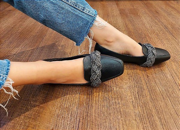 LOAFER COURO79987 PRETO / PEDRAS CRISTAL