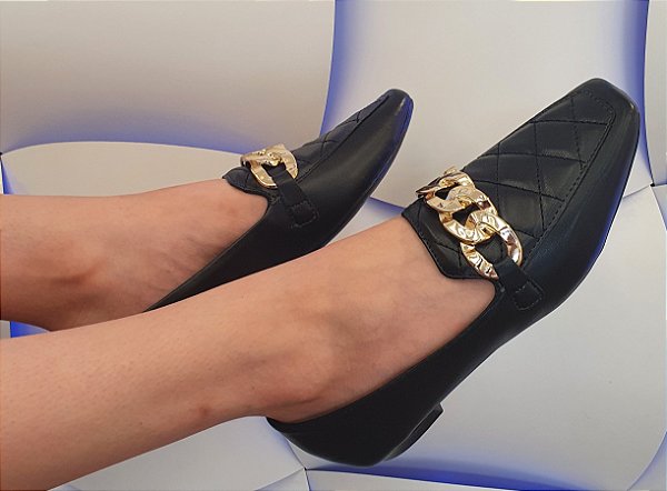 MOCASSIM 14670 PRETO MATELASSÊ /  CORRENTE DOUDADA