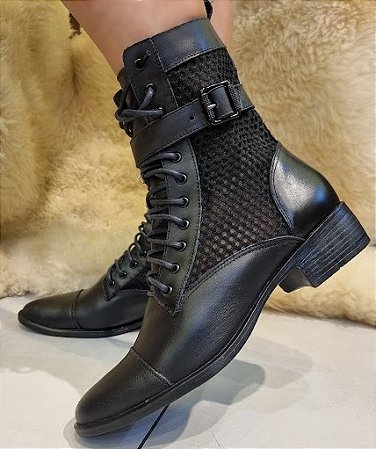 BOTA COTURNO COURO 24374 PRETO / TELA PRETOCOM CADARÇO  E ZIPER / PRATICIDADE E ESTILO