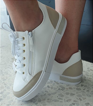 TÊNIS 315505 BRANCO / NUDE ESTILOSO / COM CADARÇO E ZIPER QUE FACILITA O CALCE
