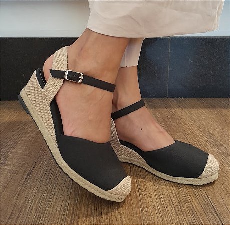SANDÁLIA ESPADILLE ANABELA 306018 PRETO LONA / SALTO FORRADO EM RÁFIA