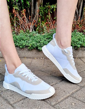 TÊNIS EM LYCRA 5005 BRANCO / SUEDE BEGE