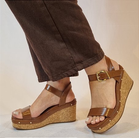 SANDÁLIA ANABELA COM PLATAFORMA 2031530 CARAMELO / SALTO CORTIÇA