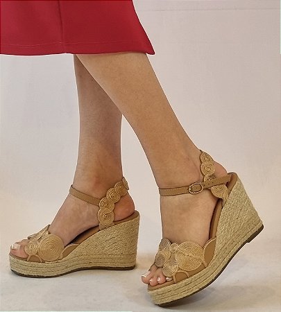 SANDÁLIA ANABELA COM PLATAFORMA 212515 BEGE / SALTO FORRAÇÃO EM CORDA