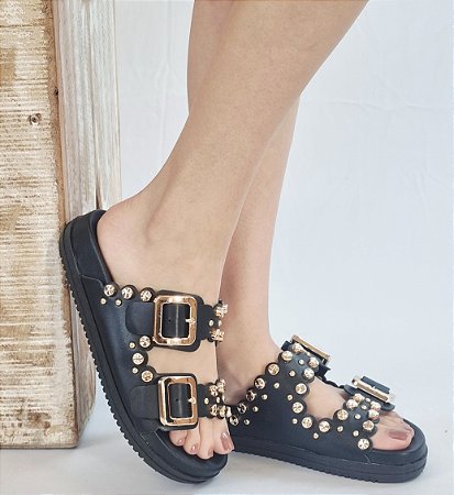 SANDÁLIA BIRKEN 401261 PRETA / PINS DOURADOS