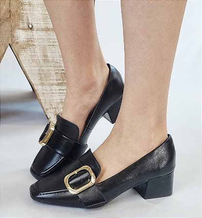 SCARPIN VIA UNO 904014 PRETO / FIVELA DOURADA