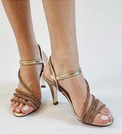 SANDÁLIA 123792 DOURADA /  PEDRA CRISTAL DOURADA SALTO MÉDIO