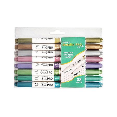 Kit Brush Pen ponta dupla Metallic Pro Bismark 8 cores