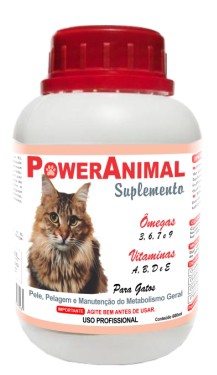 PowerAnimal Para Gatos - Elimina a queda de pelos - 600 ml - c/ Omegas 3,6,7 e 9 + Vitaminas A, B, D e E - PROD. NATURAL - CADA 5 Kg - 1 ml. - VALIDADE 2 ANOS -