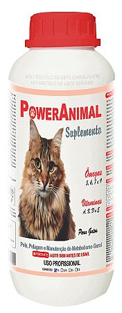 PowerAnimal Para Gatos - Elimina a queda de pelos - 1 Litro para uso profissional - c/ Omegas 3,6,7 e 9 + Vitaminas A, B, D e E - PROD. NATURAL - CADA 5 Kg - 1 ml. - VALIDADE 2 ANOS -