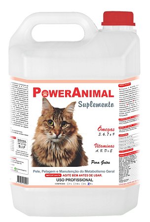 PowerAnimal Para Gatos - Elimina a queda de pelos - 5 Litros para uso profissional - c/ Omegas 3,6,7 e 9 + Vitaminas A, B, D e E - PROD. NATURAL - CADA 5 Kg - 1 ml. - VALIDADE 2 ANOS -