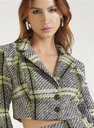 Blazer Cropped Tweed Xadrez Verde Fórum