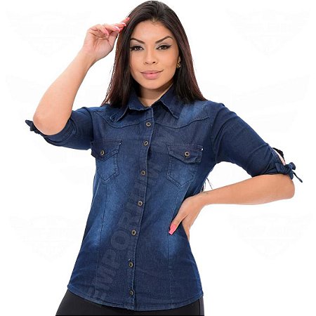 Camisa Jeans Feminina Manga 3/4 com Laço no Braço - EWF Jeans - Azul Escuro