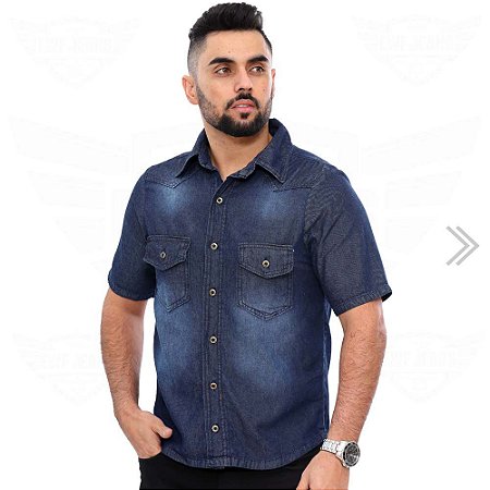 Camisa Jeans Masculina com 2 Bolsos Manga Curta - EWF - Azul Escuro