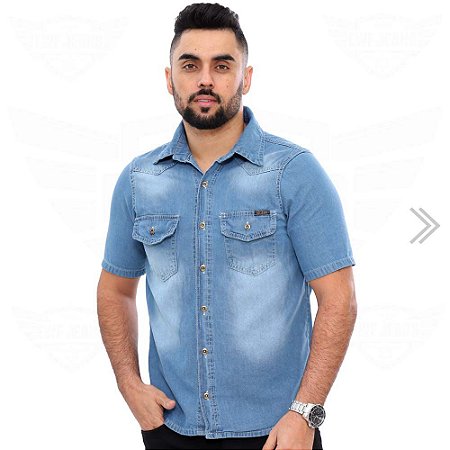 Camisa Jeans Masculina com 2 Bolsos Manga Curta -EWF - Azul Médio