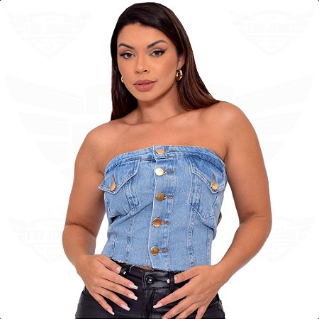 Blusa Top Jeans Tomara Que Caia com Botões Frontal - Marmorizado