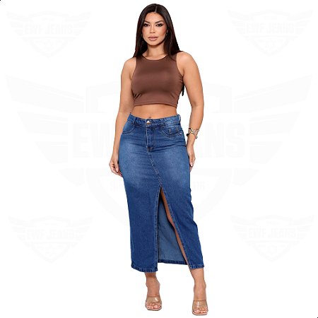 Saia Longa Jeans com Fenda Frontal - EWF Jeans - Azul Escuro