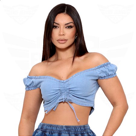 Blusa Top Jeans Tomara Que Caia Ombro a Ombro Zíper nas Costas - Azul Claro