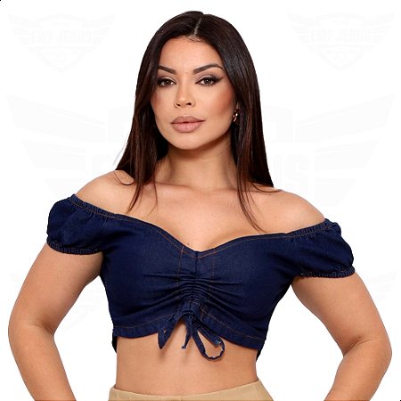 Blusa Top Jeans Tomara Que Caia Ombro a Ombro Zíper nas Costas - Azul Escuro