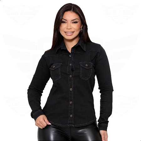 Camisa Jeans Feminina Manga Longa - EWF Jeans - Preto