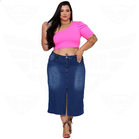 Saia Midi Jeans com Fenda Frontal - EWF - Azul Escuro