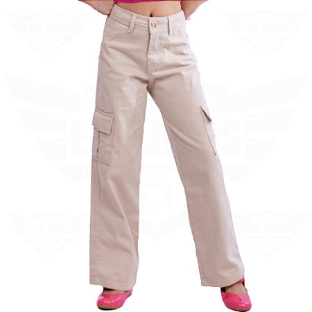 Calça Jeans Cargo Feminina Infantil Juvenil - Bege