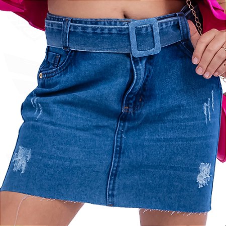 Mini Saia Jeans Infantil / Juvenil Destroyed com Cinto Forrado - Azul Médio