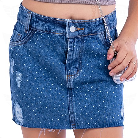 Mini Saia Jeans Infantil / Juvenil Destroyed com Strass - Azul Médio