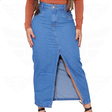 Saia Longa Jeans com Fenda Frontal - EWF - Azul Claro