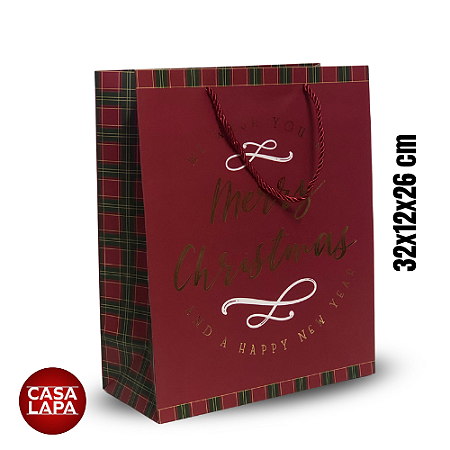 SACOLA DE PAPEL COM HOT STAMPING XADREZ (VERMELHO VERDE)