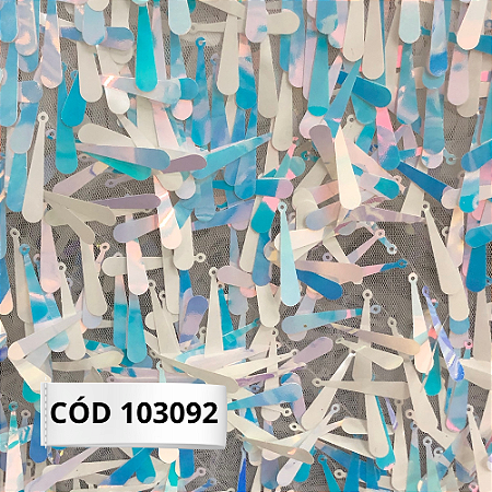 TECIDO PAETÊ GOTAS BRANCO C/ AZUL