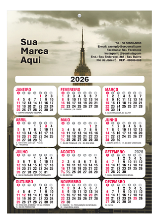 Calendário de parede modelo comercial, com furo