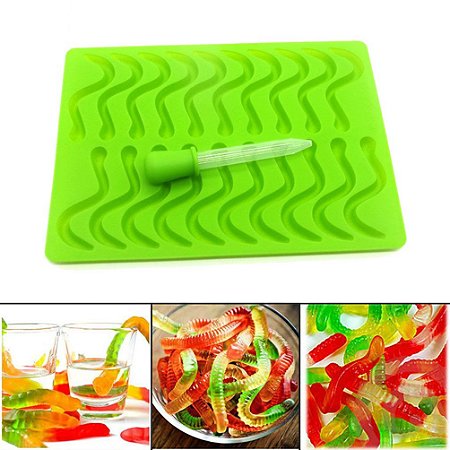 Molde de Silicone Bala de Gelatina Fini Minhoca Gummy com Conta Gotas
