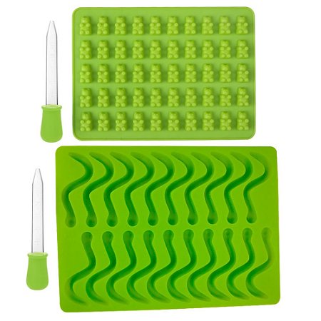 Kit com 2 Moldes de Silicone Bala de Gelatina Fini Minhoca e Urso Gummy com Conta Gotas