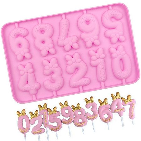 Molde de Silicone Pirulito Números para Bolo Aniversário Laço Menina