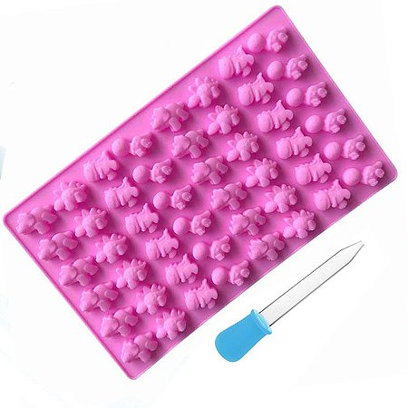 Molde de Silicone Bala de Gelatina Mini Dinossauro Chocolate Resina com Conta Gotas