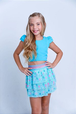 Conjunto shorts saia azul tule