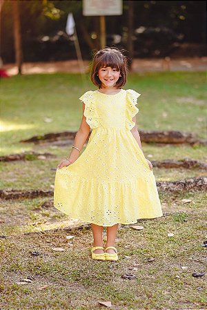 Vestido midi em lese amarelo