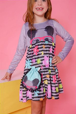 Vestido plush manga longa estampa flores