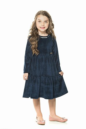 Vestido infantil menina plush azul marinho